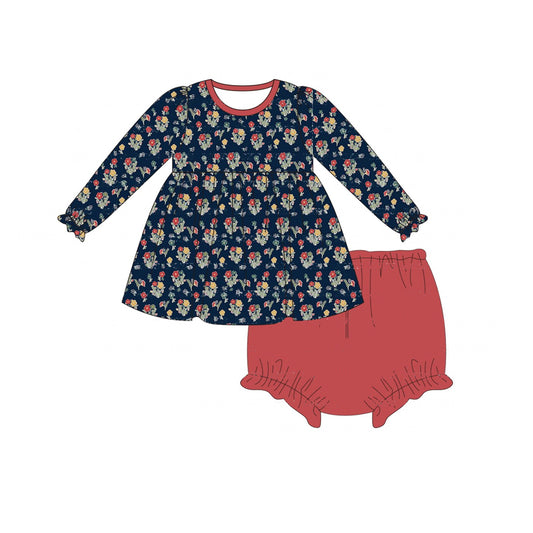 Navy floral long sleeves tunic bummies baby girls clothes