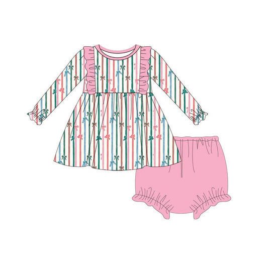 Pink ruffle stripe bow tunic bummies baby girls clothes