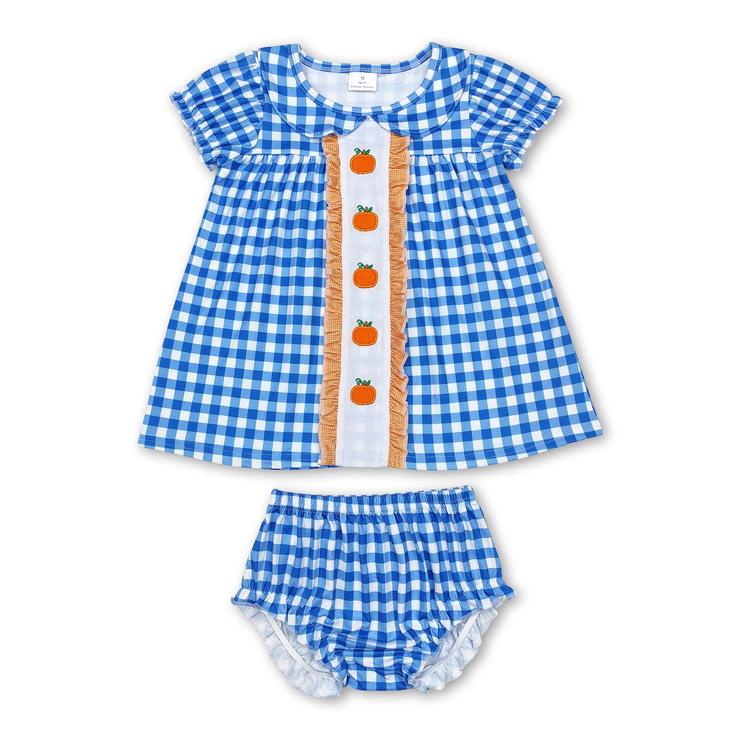 Short sleeves blue plaid pumpkin tunic bummies girls fall set