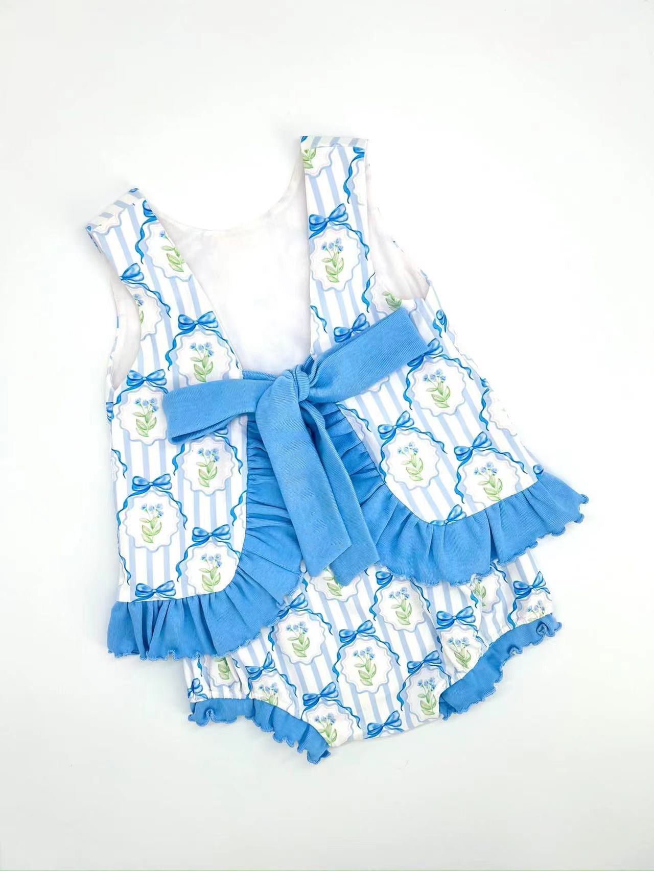 Sleeveless stripe light blue floral baby girls bummies set