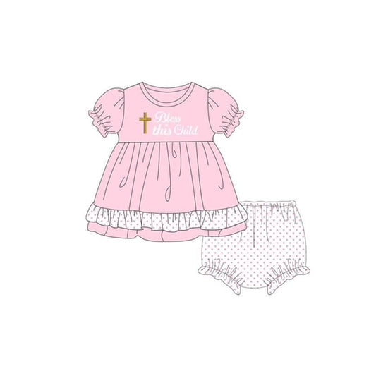 Pink bless this child cross tunic bummies baby girls clothes