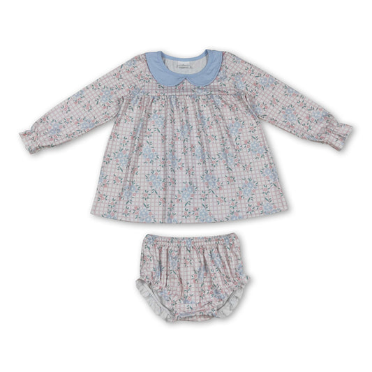 Long sleeves pink plaid floral doll collar girls bummies set
