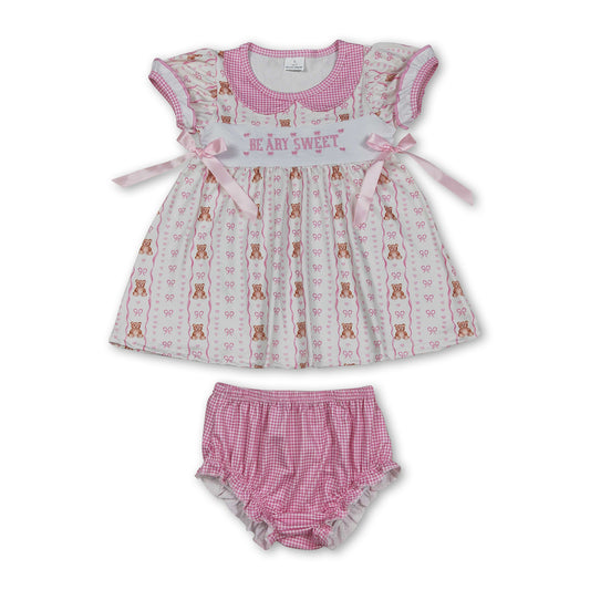 Sleeveless bear bow sweet baby girls  bummies set