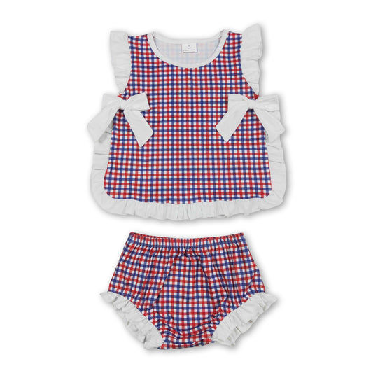 Ruffle red blue plaid baby girls 4th of july bummies set