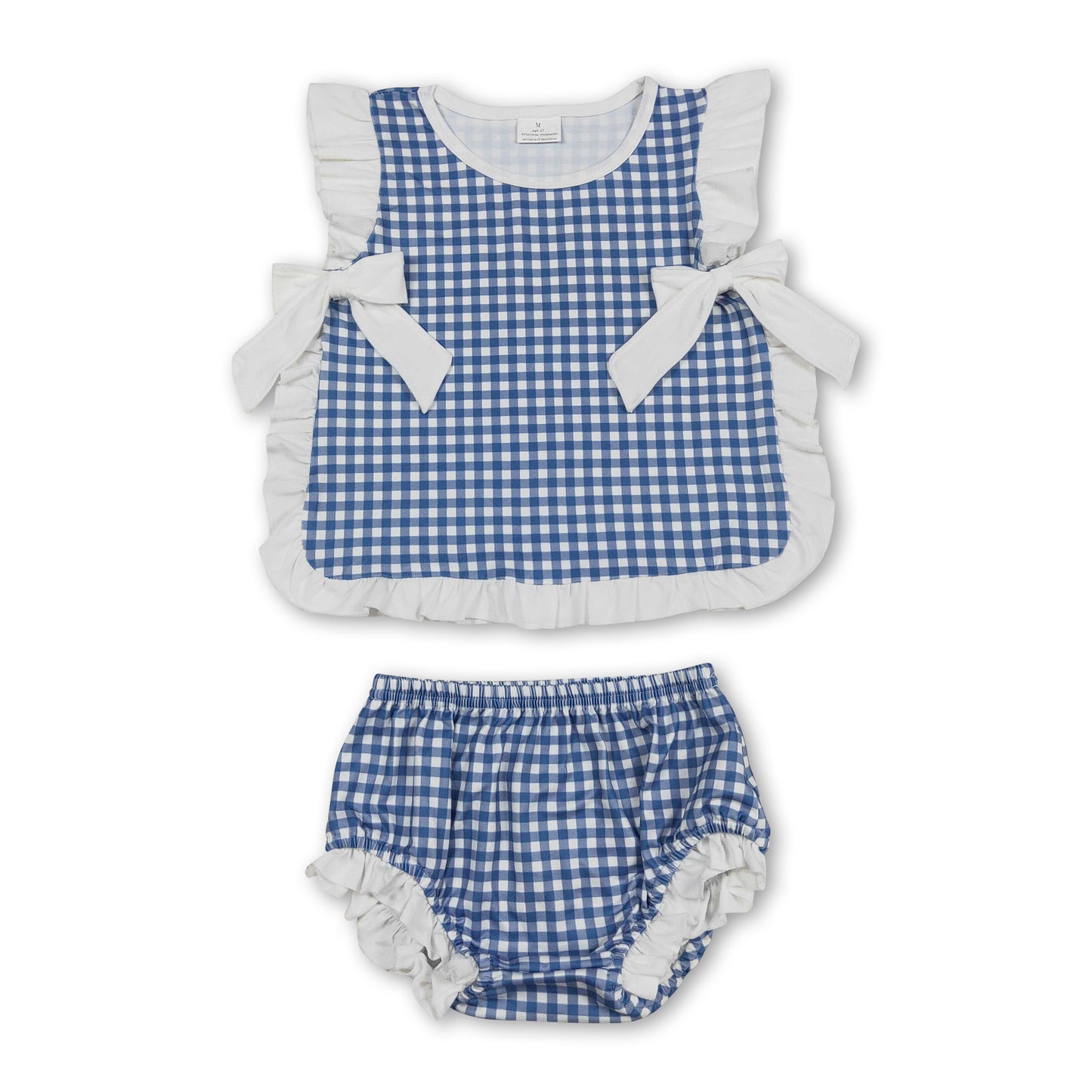 Ruffle bow blue plaid baby girls summer bummies set