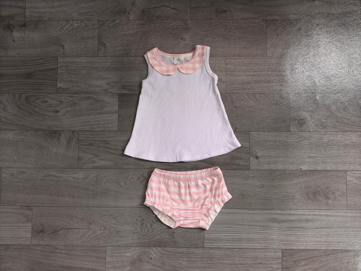 Sleeveless white top pink plaid bummies baby girls outfits