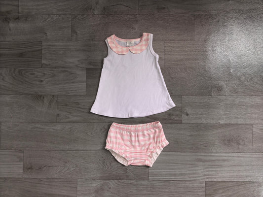 Sleeveless white top pink plaid bummies baby girls outfits