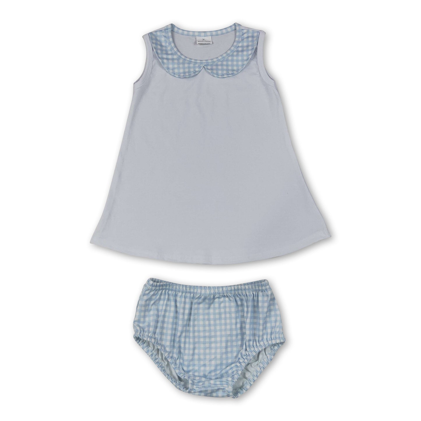 Sleeveless white top blue plaid bummies baby girls outfits