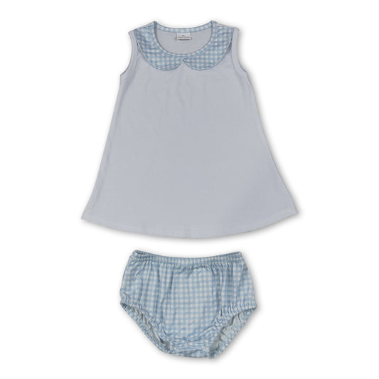 Sleeveless white top blue plaid bummies baby girls outfits
