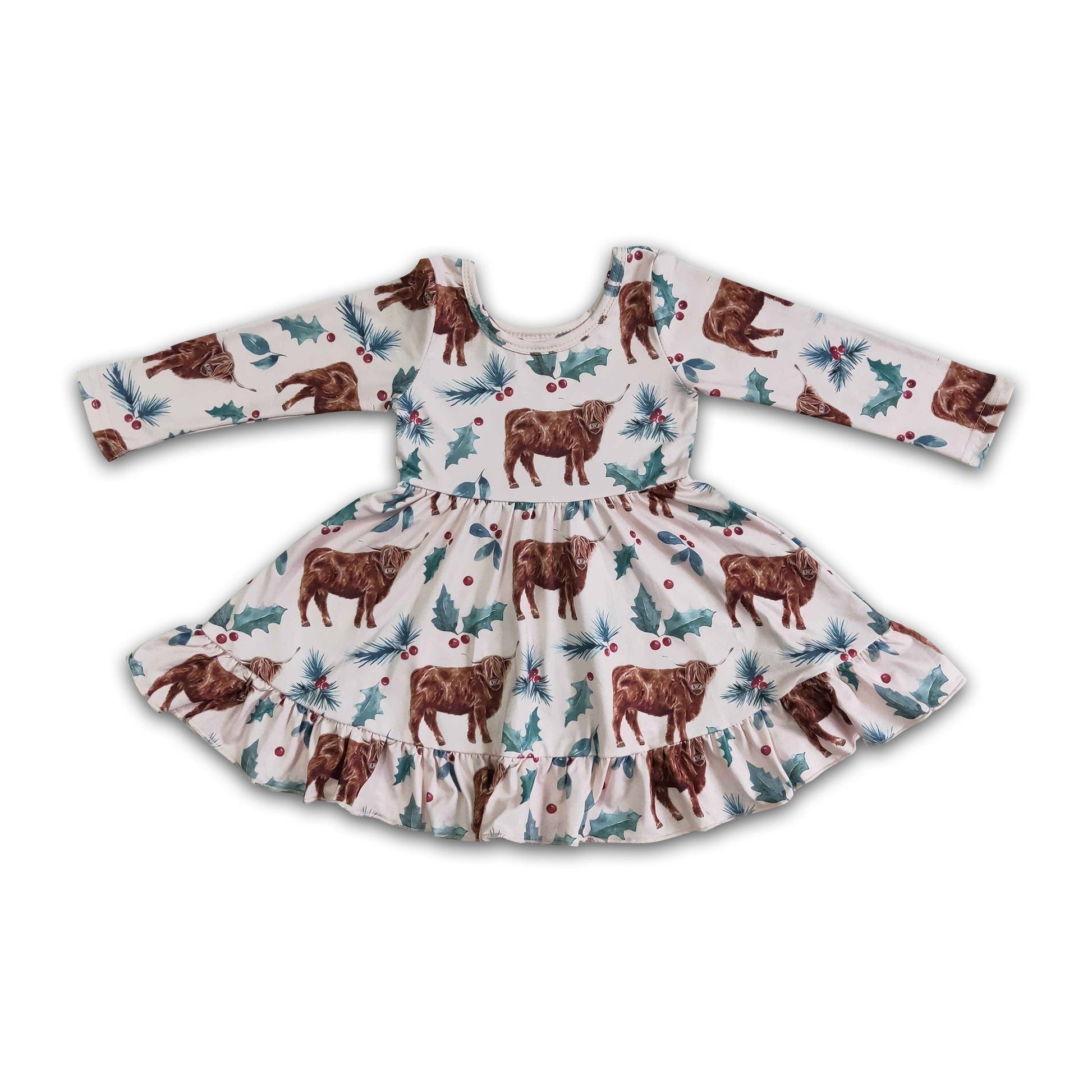 Highland cow long sleeves girls Christmas dresses Western Kids Clothes Highland cow long sleeves girls Christmas dresses Western Kids Clothes