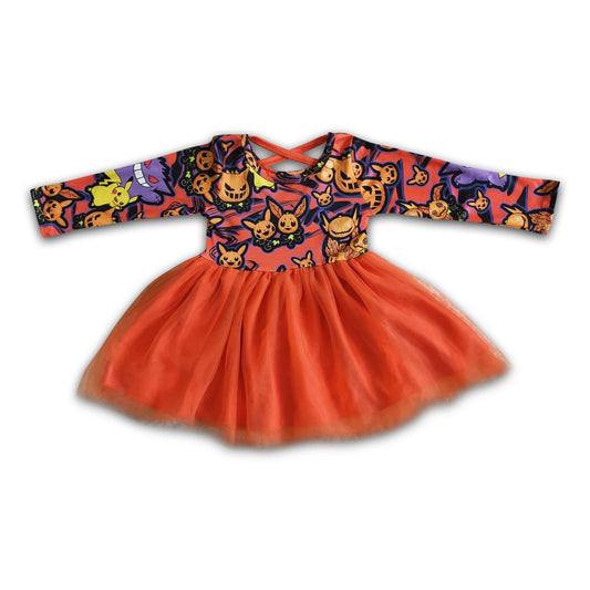 Long sleeve orange tulle baby girls Halloween dresses