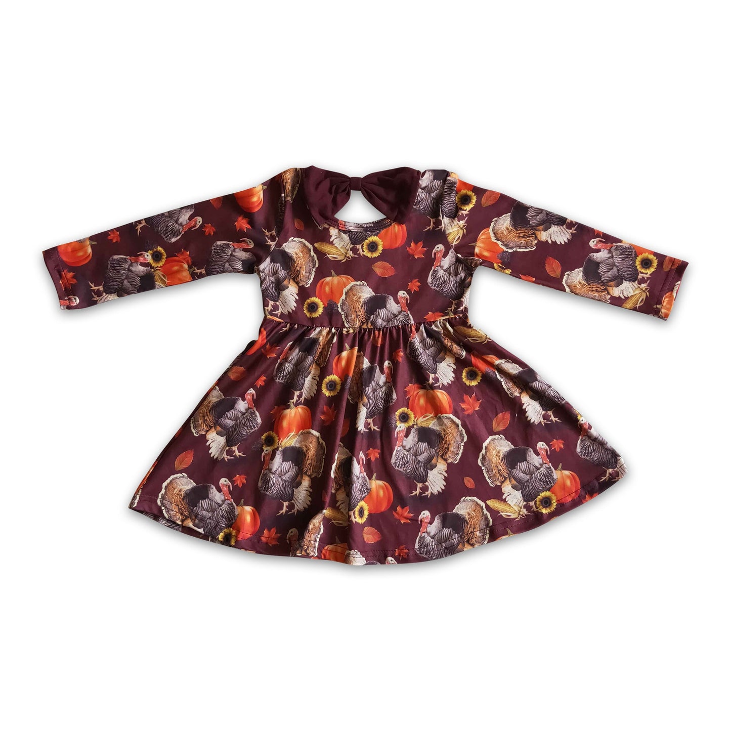 Turkey pumpkin print long sleeves girls Thanksgiving twirl dresses