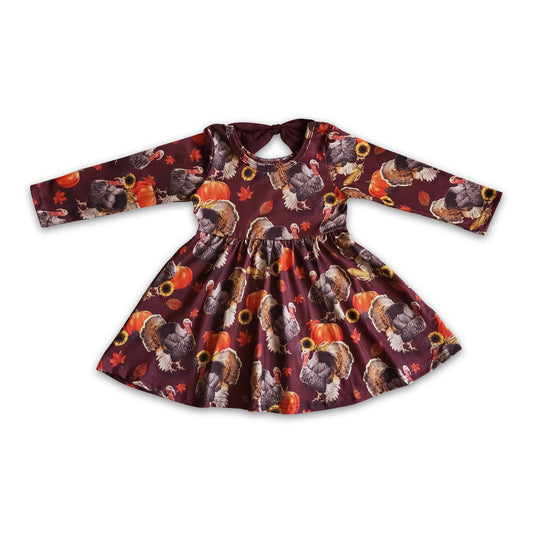 Turkey pumpkin print long sleeves girls Thanksgiving twirl dresses