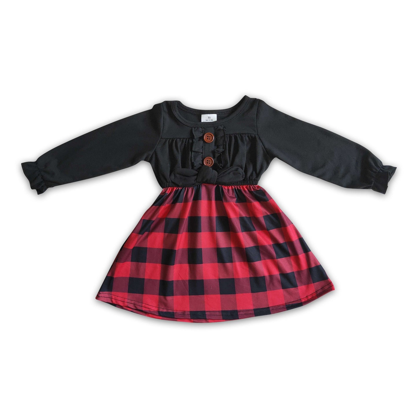 Black long sleeve buffalo plaid girls Christmas dresses