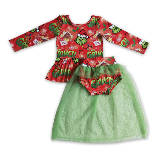 Green face peplum tulle bummies baby girls Christmas clothes