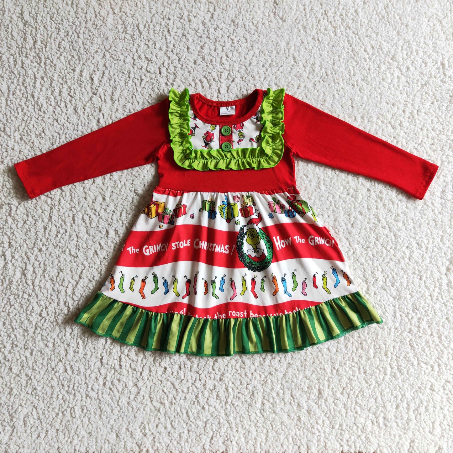 Red long sleeves cute kids girls Christmas dresses