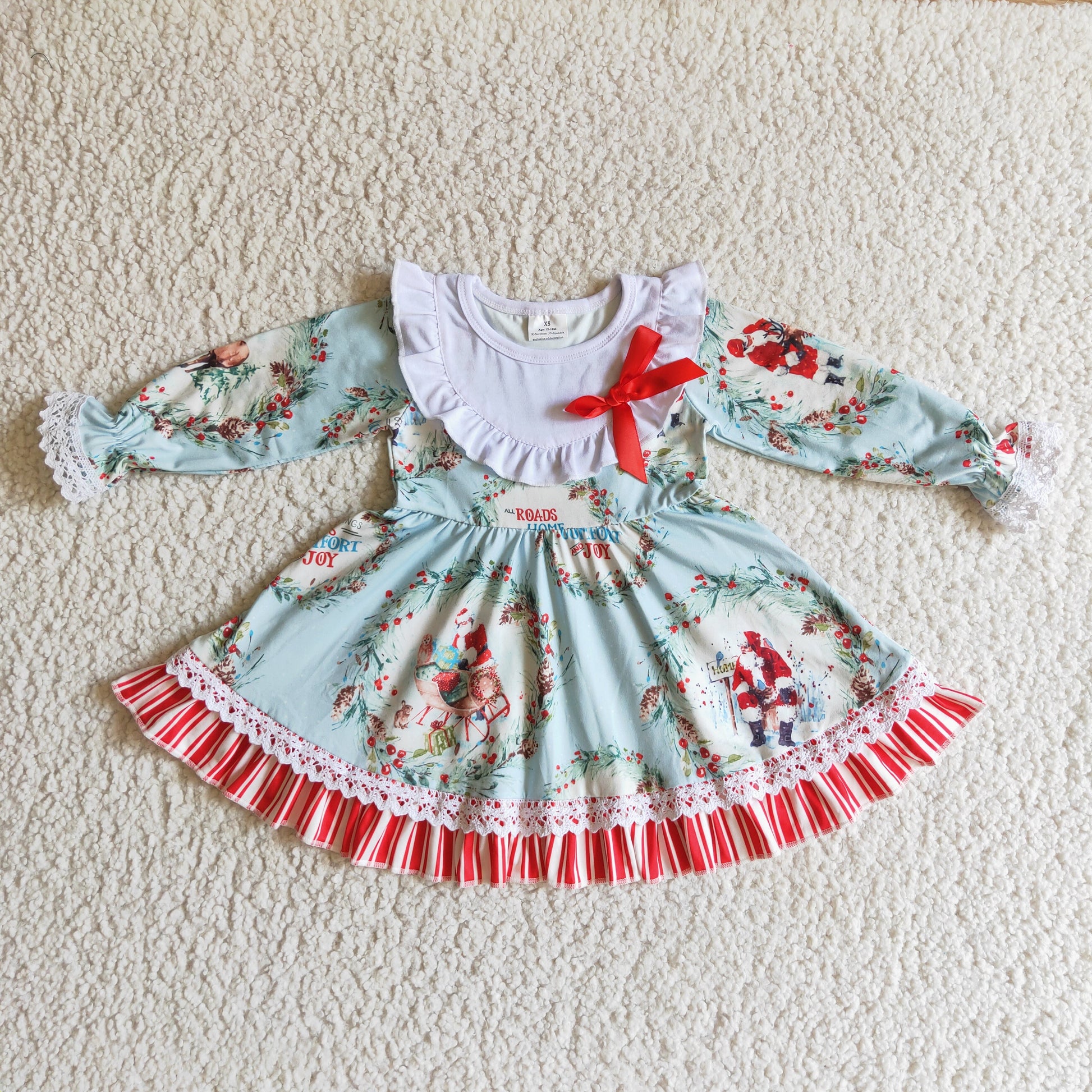 Santa print long sleeves ruffle girls Christmas dress Western Kids Clothes Santa print long sleeves ruffle girls Christmas dress Western Kids Clothes