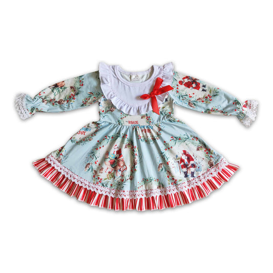 Santa print long sleeves ruffle girls Christmas dress