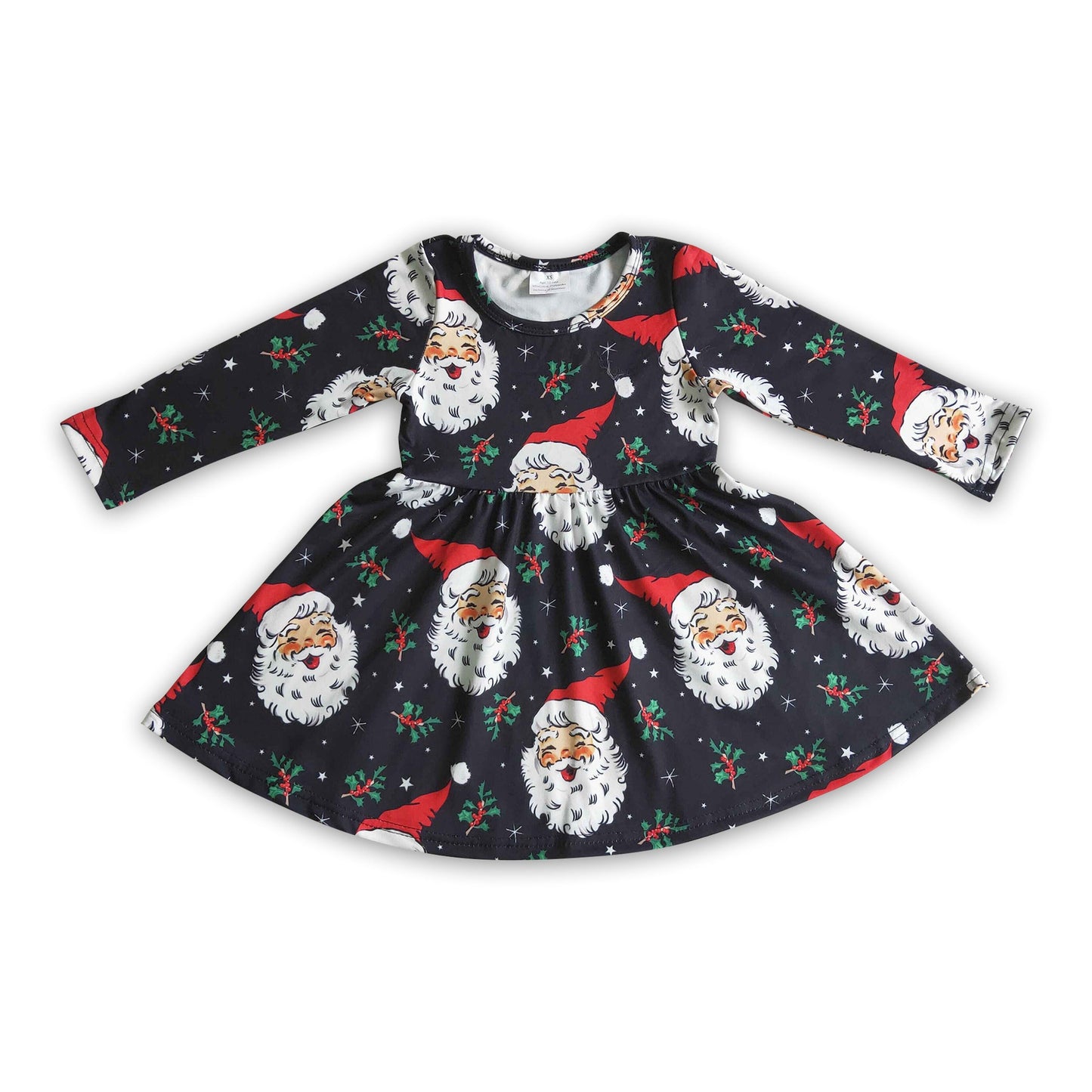 Santa black long sleeves girls Christmas twirl dresses