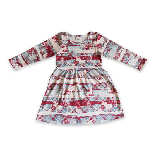 Reindeer plaid long sleeves baby girls Christmas dress