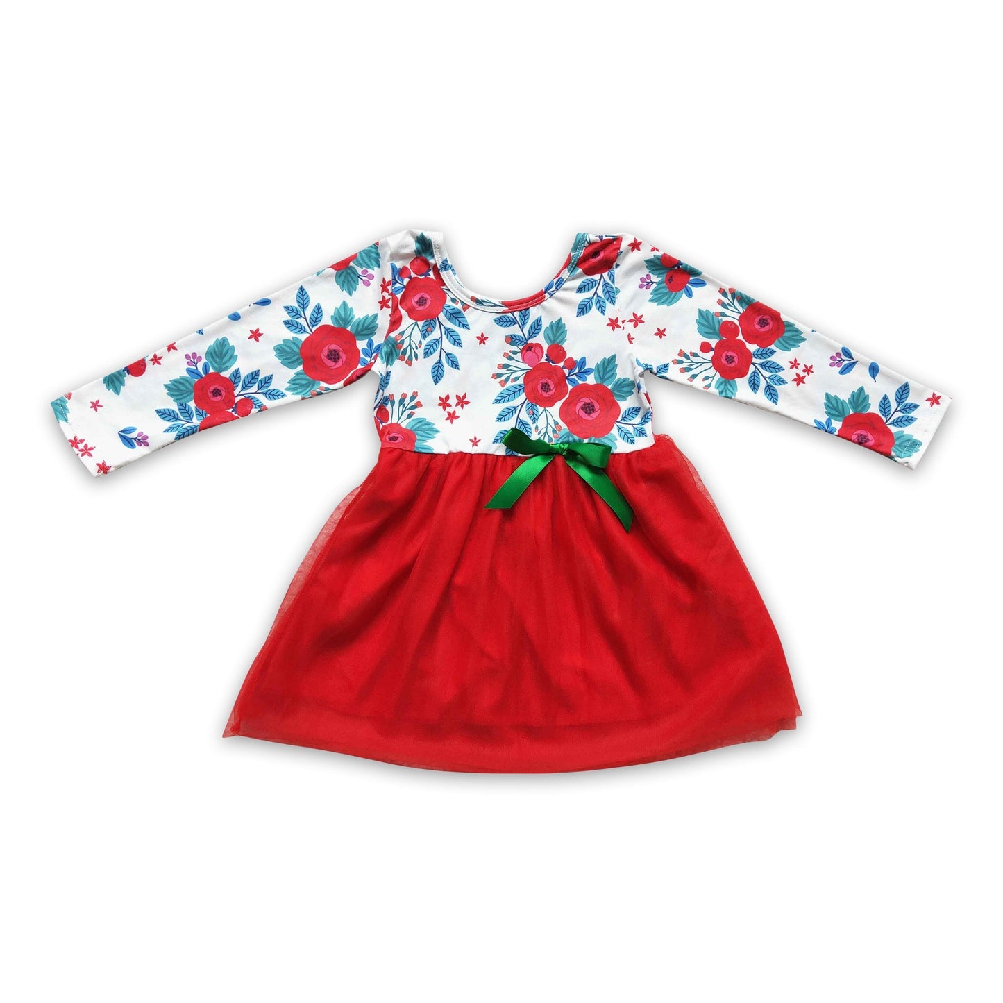 Red floral kids girls Christmas tulle dresses