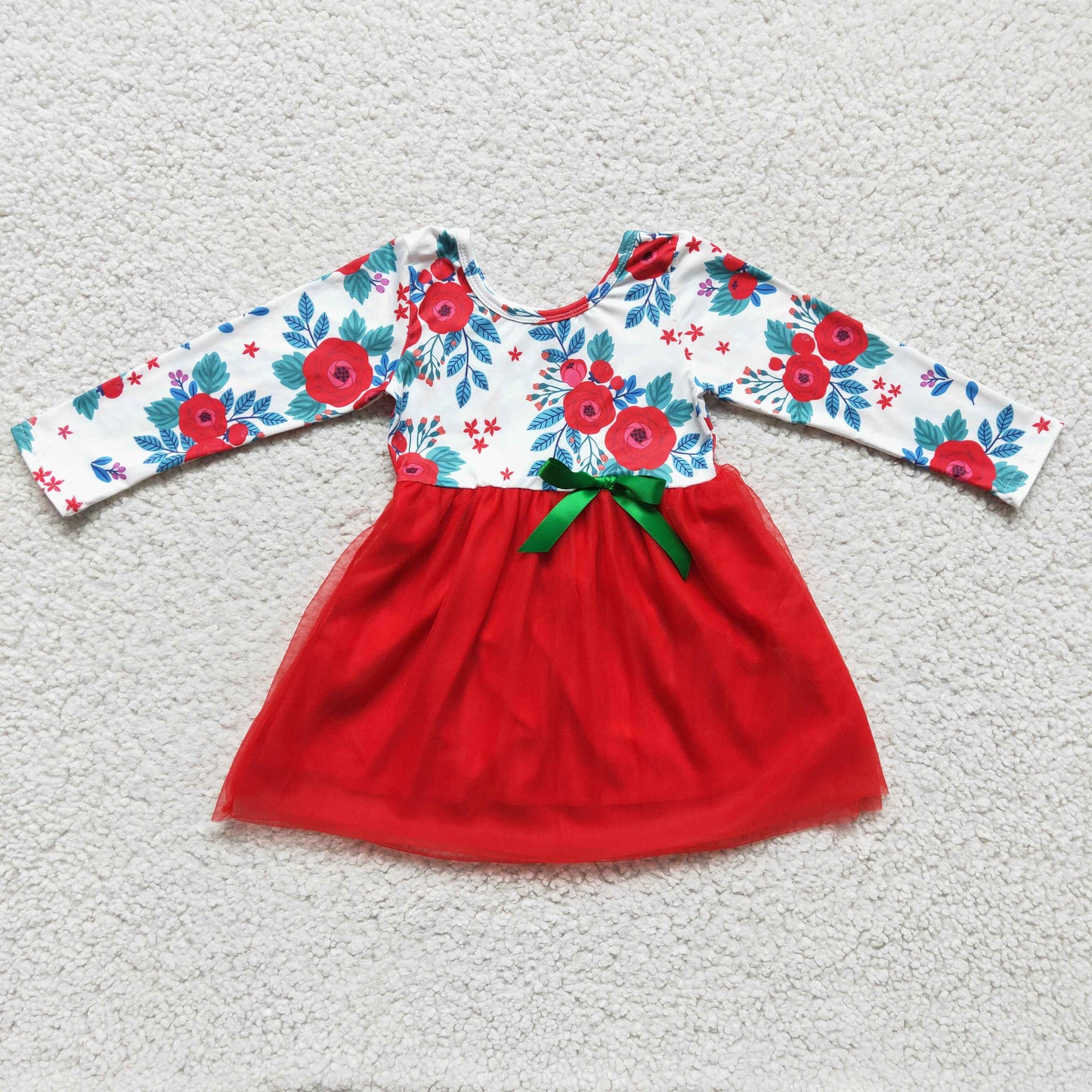 Red floral kids girls Christmas tulle dresses