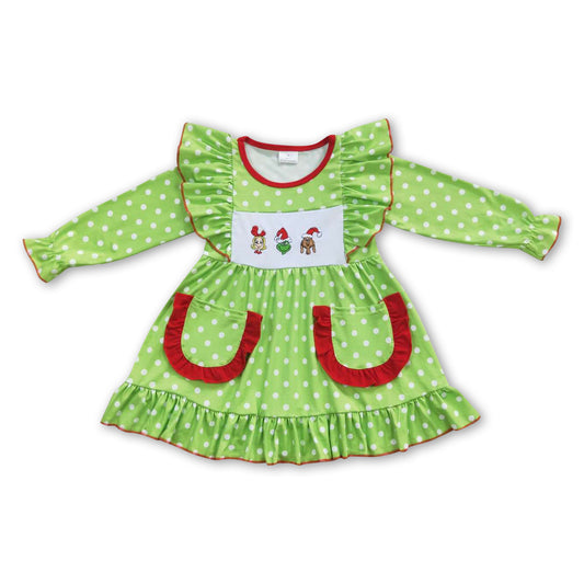 Green face polka dots pockets girls Christmas dresses