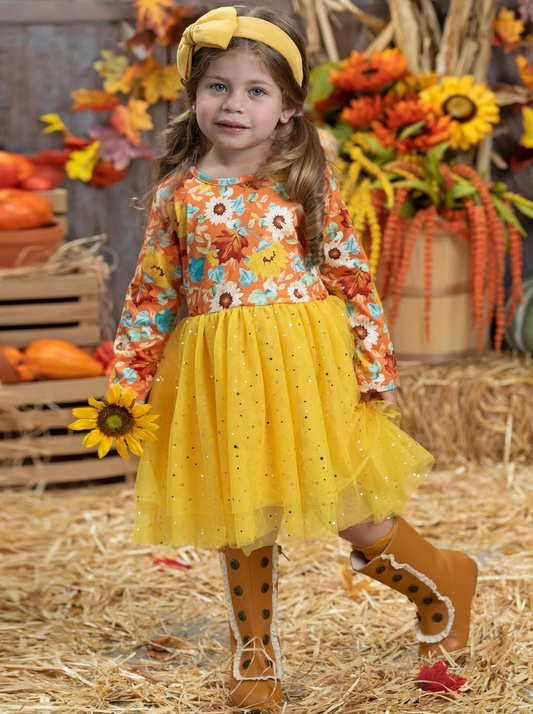 Sunflower yellow tulle long sleeves girls fall dresses
