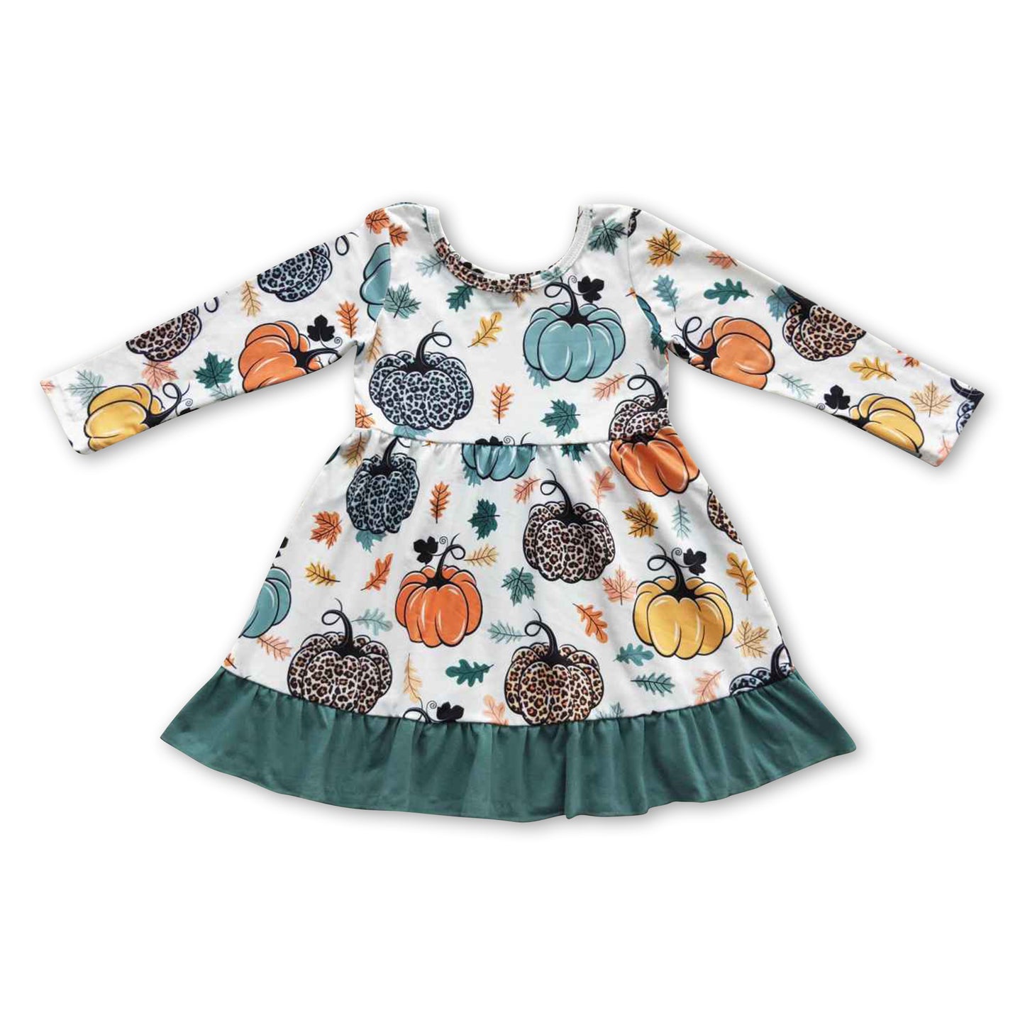 Long sleeves leopard pumpkin ruffles baby girls fall dress