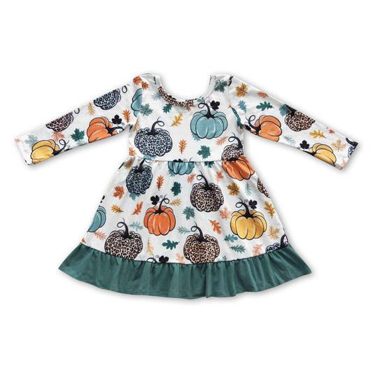 Long sleeves leopard pumpkin ruffles baby girls fall dress