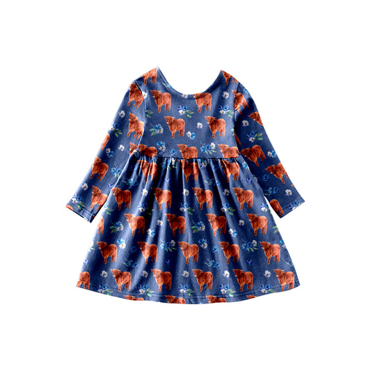 Blue floral highland cow long sleeves baby girls dress