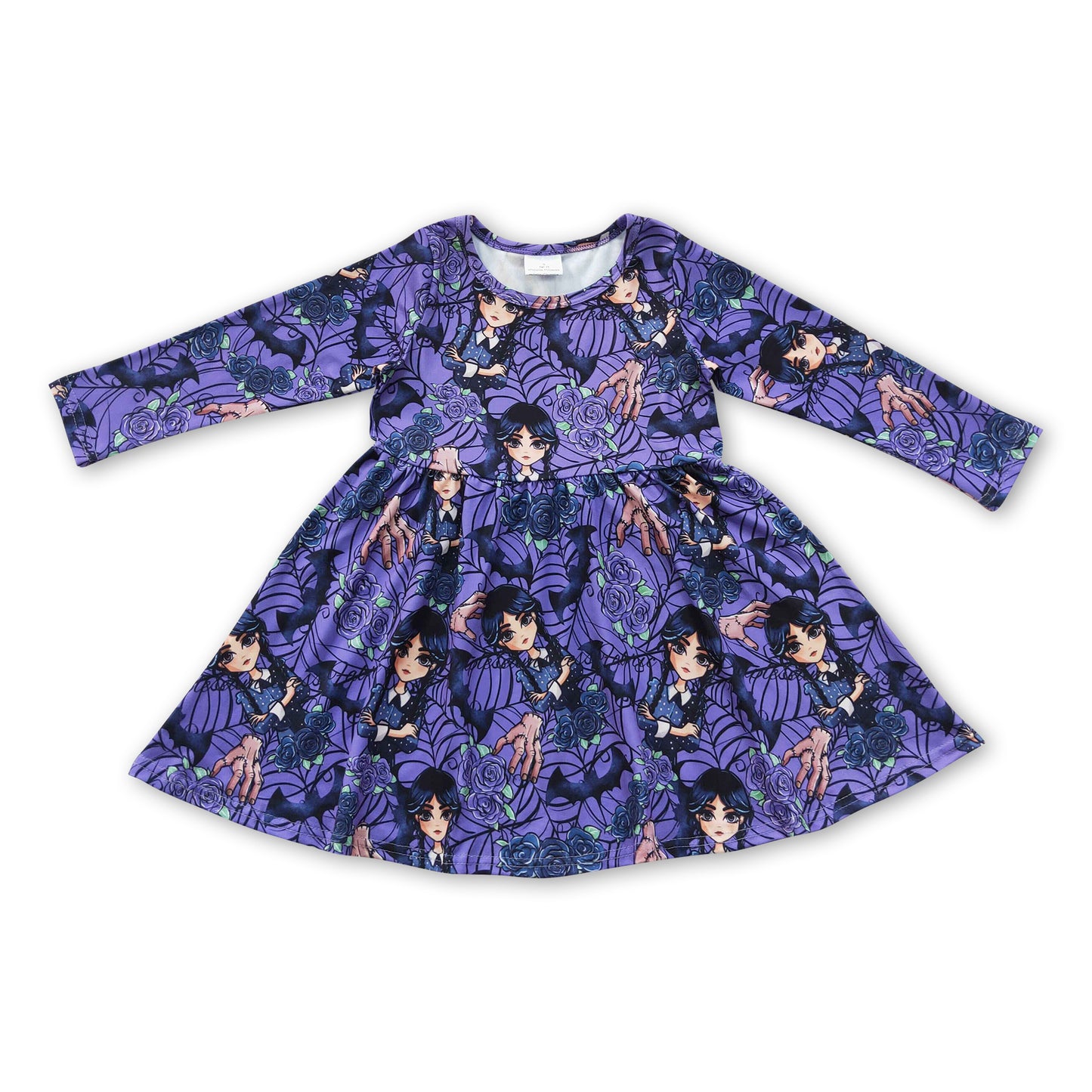 Purple long sleeves bat floral movie girls dresses