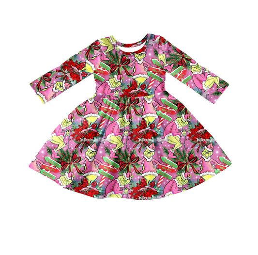 Pink long sleeves green face baby girls Christmas dresses