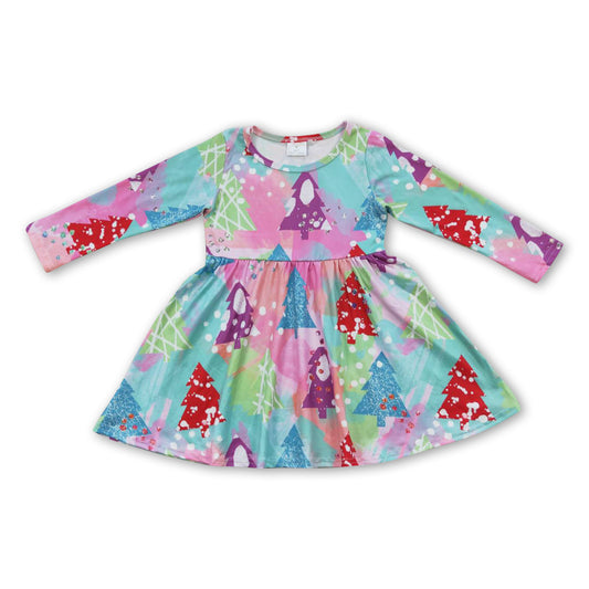 Colorful Christmas tree long sleeves baby girls dresses