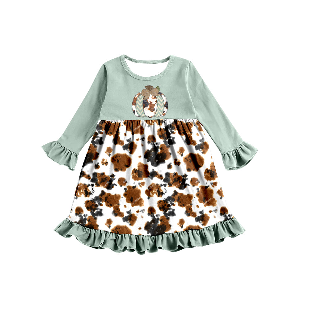 Cow print pumpkin long sleeves baby girls fall dresses