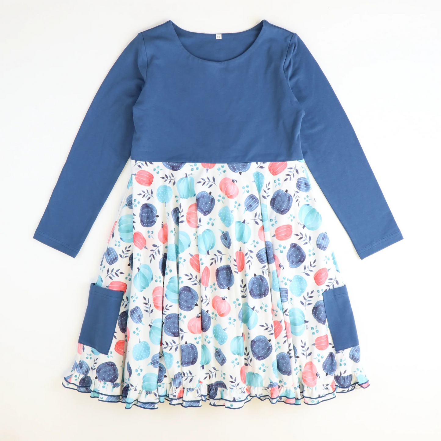 Blue long sleeves pumpkin pockets baby girls fall dress