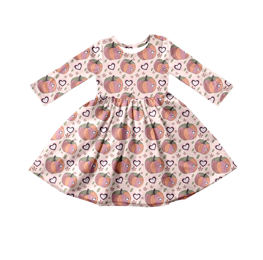 Long sleeves pumpkin heart baby girls fall Thanksgiving dresses