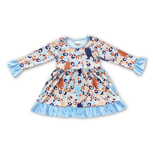 Blue dog leopard kids girls long sleeves dresses