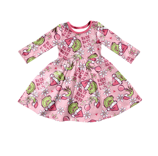 Pink green face long sleeves girls Christmas twirl dress