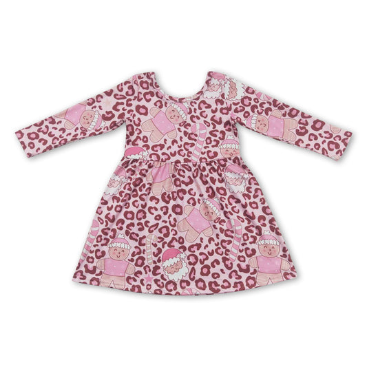 Leopard gingerbread santa pink girls Christmas dress