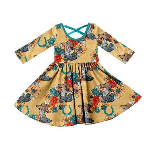 Long sleeves boots floral baby girls western dress