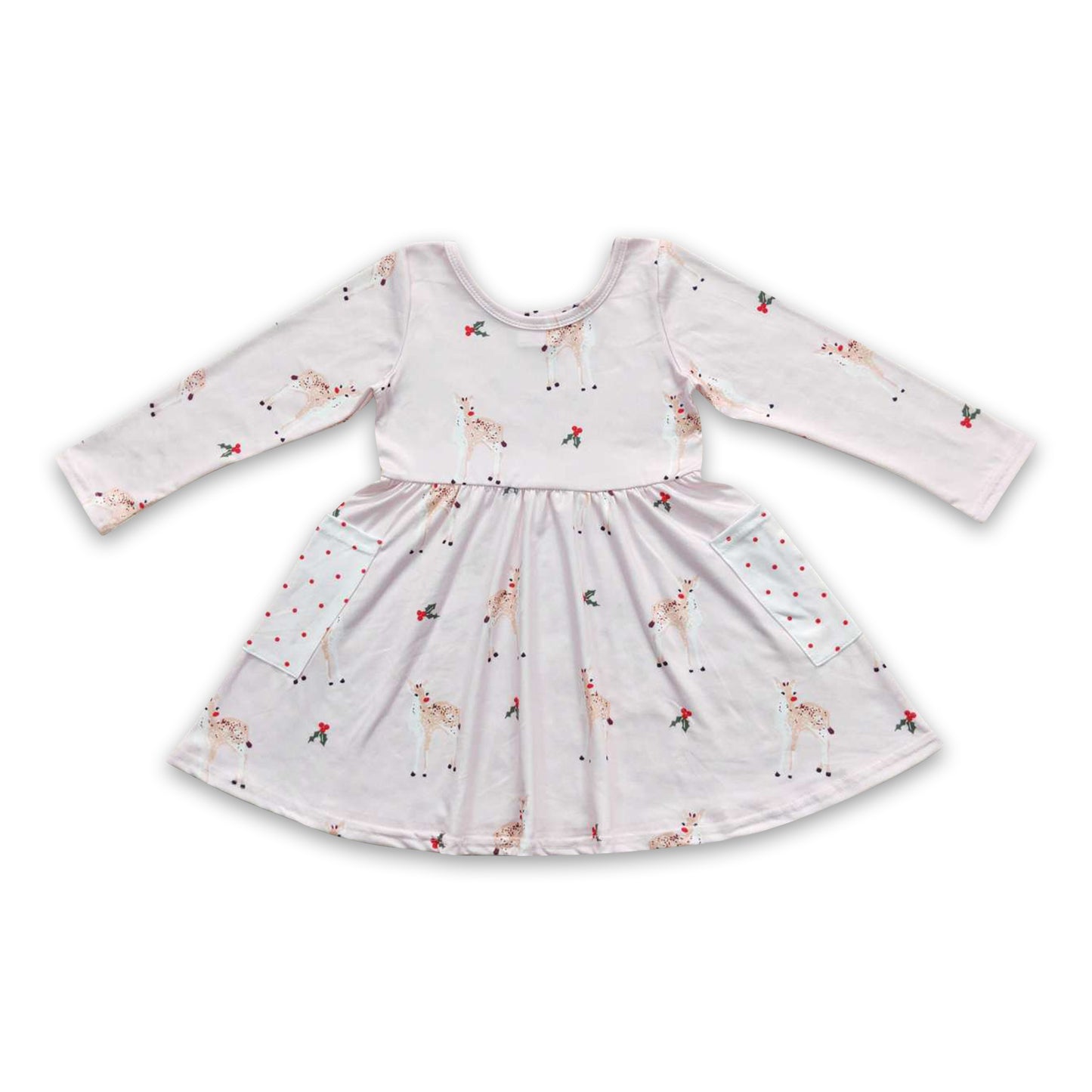 Pink deer pocket baby girls Christmas dress