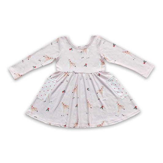 Pink deer pocket baby girls Christmas dress