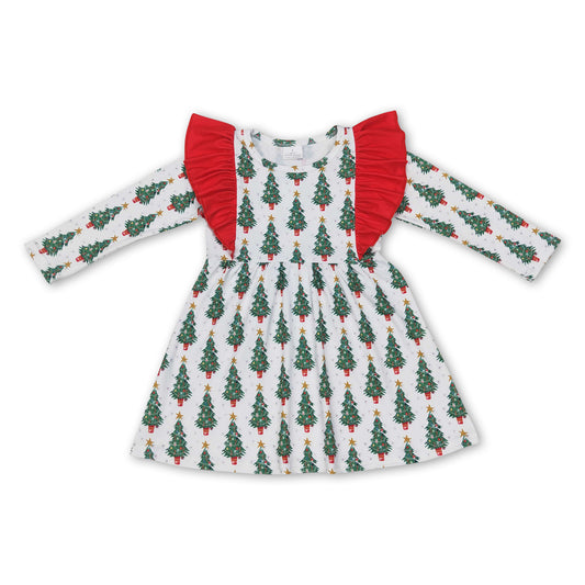 Red flutter long sleeves Christmas tree girls dress