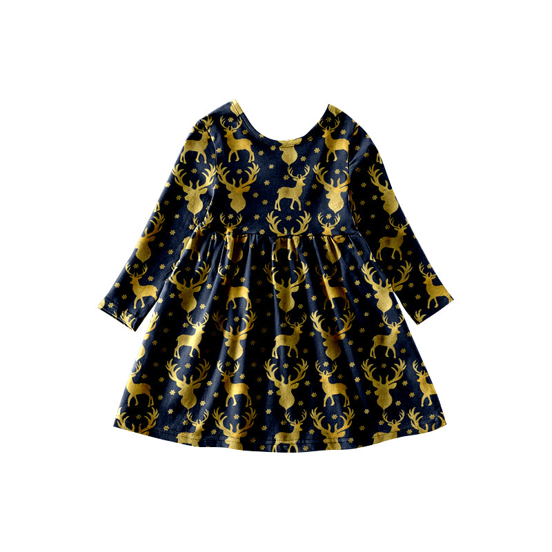 Gold deer blue long sleeves kids girls dresses