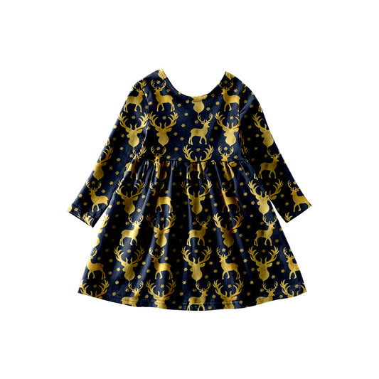 Gold deer blue long sleeves kids girls dresses