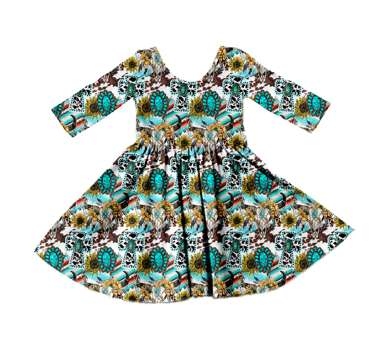 Bull skull turquoise sunflower kids girls dresses