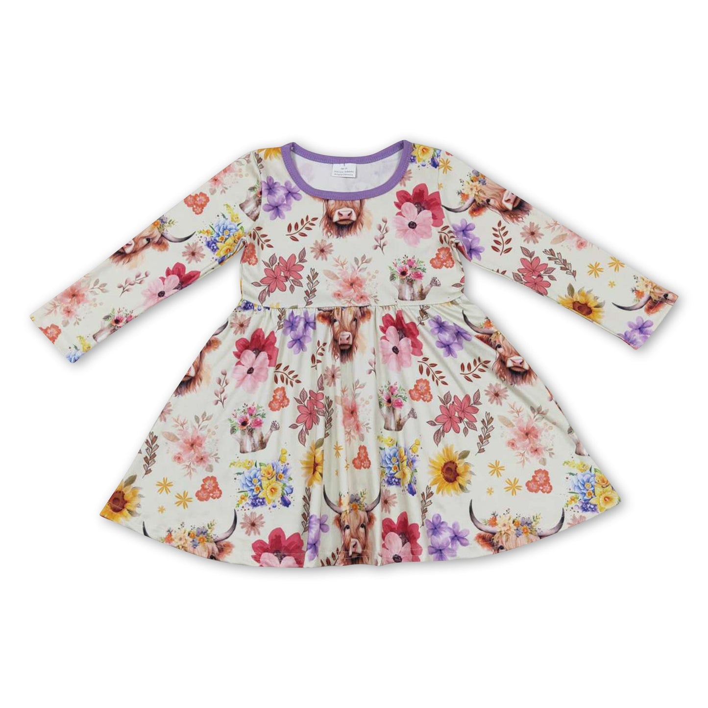 Highland cow lavender floral western girls dresses