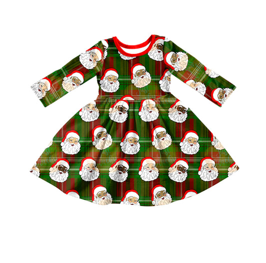 Green plaid long sleeves santa girls Christmas dress