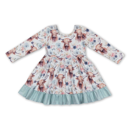 Highland cow floral long sleeves ruffle girls twirl dress